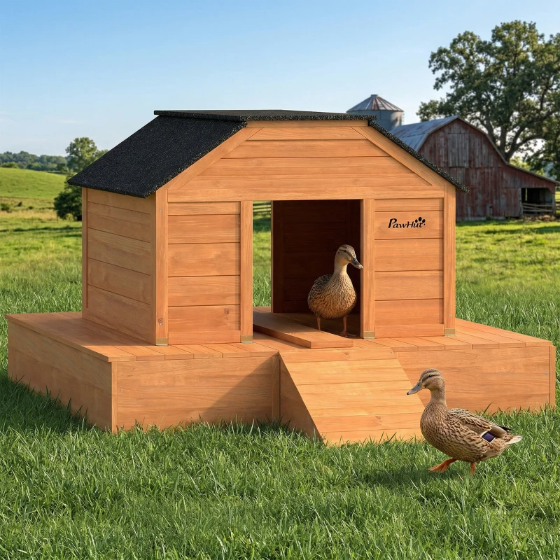 PawHut Floating Duck Coop, Wooden Duck House with Ramp and Waterproof Asphalt Roof, Small Animal House