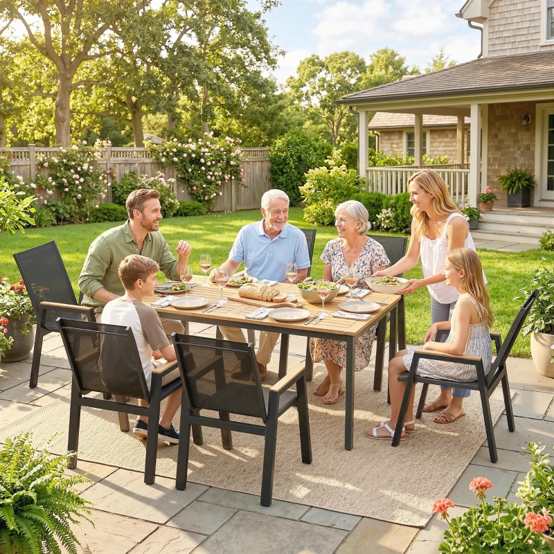 Outsunny 7 Piece Outdoor Dining Set, Rectangle Patio Table and 6 Mesh Chairs with Slatted Tabletop for Backyard, Deck, Garden