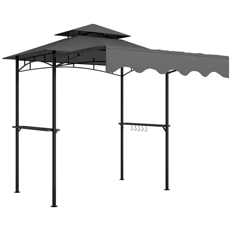 Outsunny 8' x 7.6' Grill Gazebo, Double Tiered Barbecue Grill Gazebo Shelter w/ Side Awning, 2 Side Shelves, 6 Hooks, Dark Grey