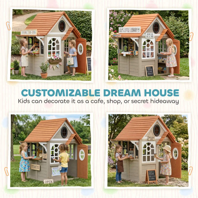 Qaba Outdoor Playhouse, Wooden Kids Playhouse with Dog Door, Cookware, Blackboard, Clock, Tic-Tac-Toe Roller for Backyard