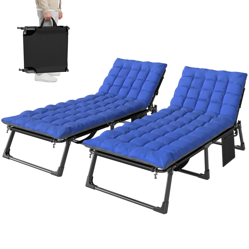 Outsunny 29.5" Wide Folding Chaise Lounge Chair Outdoor Tanning Chair Set of 2, Camping Cot with Cushion, Side Pocket, Grey/Blue