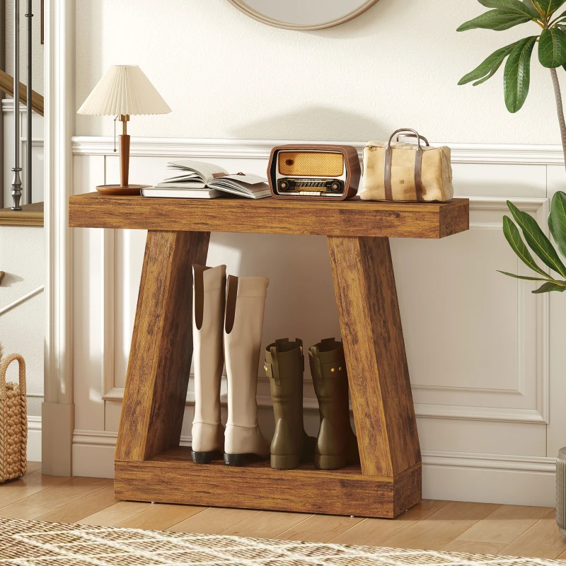 HOMCOM 42" Farmhouse Console Table, 2-Tier Entryway Table with Storage for Hallway, Living Room, Behind Couch, Rustic Brown