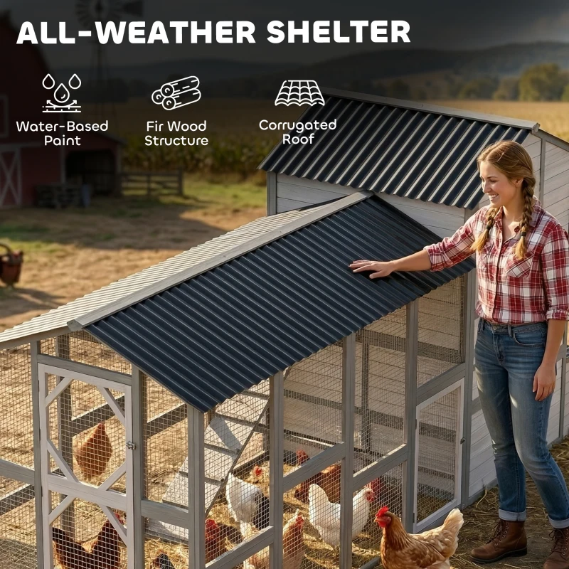 PawHut 147" Extra Large Chicken Coop, Wooden Hen House for 8-10 Hens, Outdoor Chicken House Poultry Hutch with Run, Gray