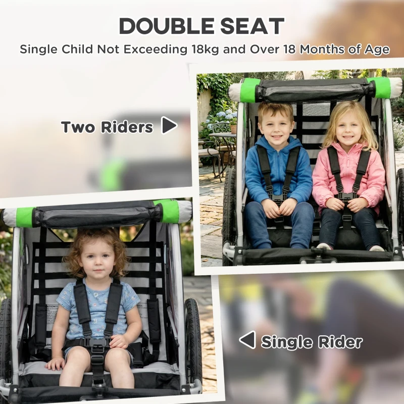 Aosom 3-in-1 Bike Trailer for Kids, Running Stroller with 2 Seats, Jogging Cart with 5-Point Harness, Storage Units, Green