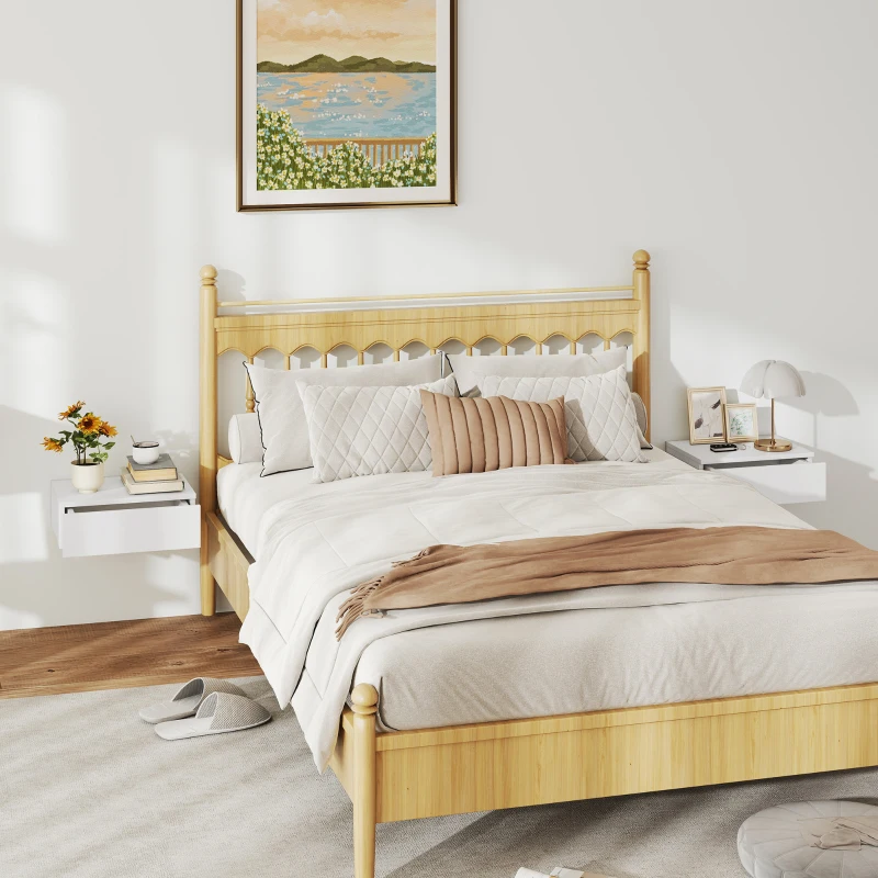 HOMCOM Set of 2 Wall Mounted Bedside Tables, Floating Nightstands with Drawer for Bedroom, White