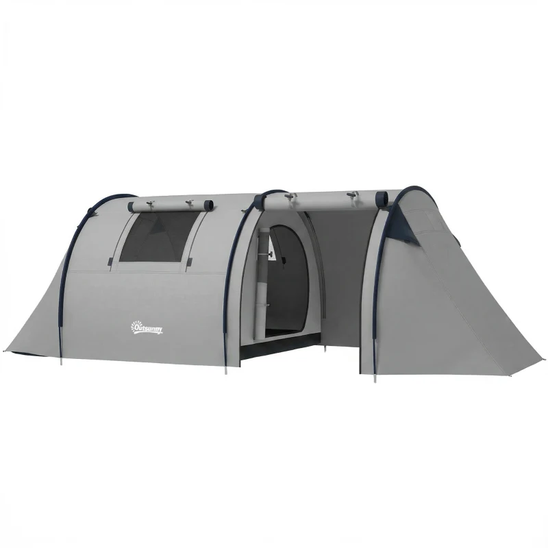 Outsunny 3-4 Person Camping Tent with 2 Rooms, 3000mm Waterproof Portable Family Tent with Carry Bag, Grey