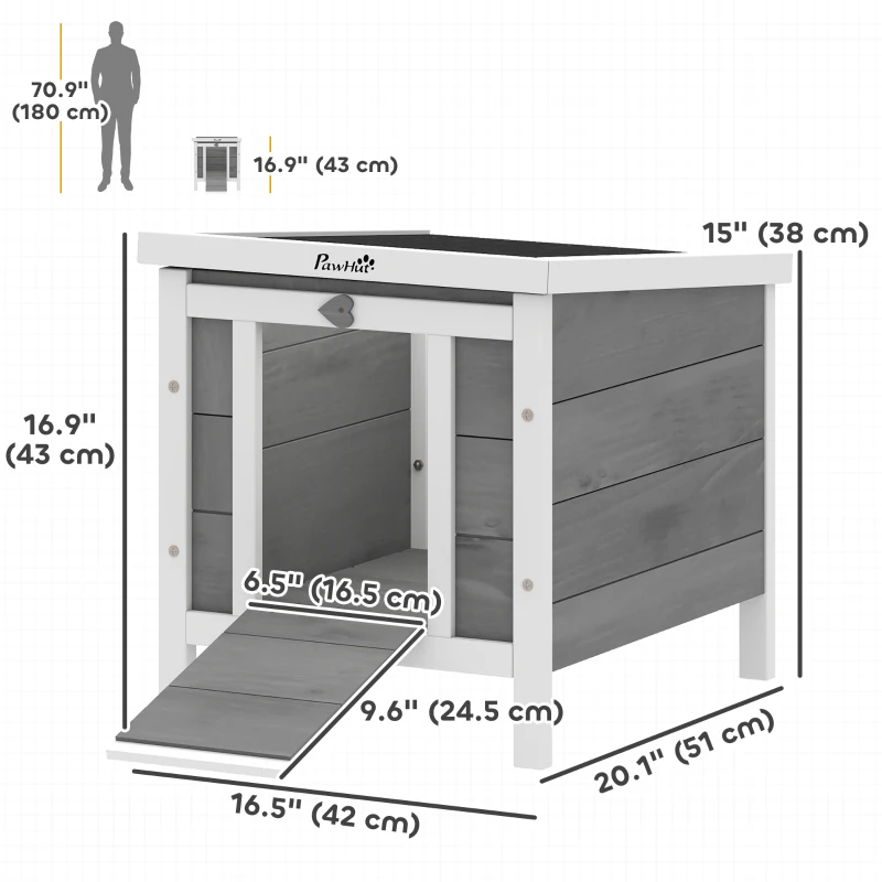 PawHut Wooden Rabbit Hutch, Bunny Cage with Waterproof & Openable Asphalt Roof, Outdoor Cat House Guinea Pig Cage Duck Shelter, Indoor Outdoor Use, 20" x 16.5" x 17", Grey