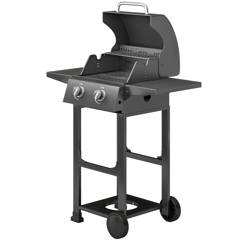 Outsunny 2 Burner Propane Gas Grill with Wheels, 18,400 BTU Portable BBQ Grill with Foldable Side Shelves, Warming Rack, Black