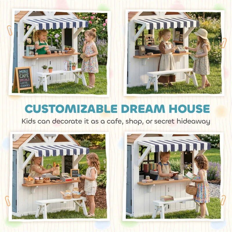 Qaba Outdoor Playhouse, Wooden Kids Playhouse with Dog Door, Cookware, Blackboard, Bench, Doorbell for Ages 2+