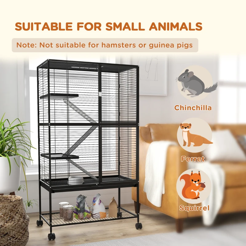 PawHut Rolling Small Animal Cage 54"H Chinchilla Cage for Ferrets, Squirrels w/ Removable Tray, Storage Shelf, Black