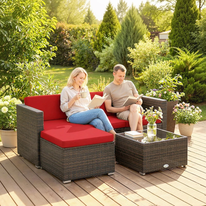 Outsunny 3 Pieces Patio Furniture Set with Cushions, Outdoor PE Rattan Wicker Conversation Corner Sofa Set with Glass Top Table