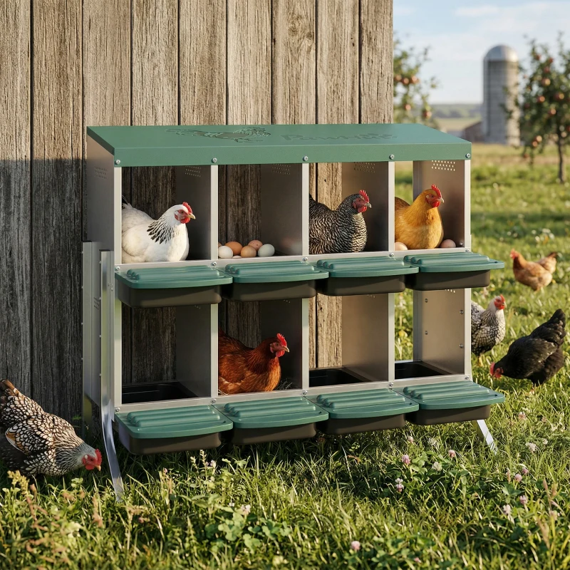 PawHut Chicken Nesting Boxes, 8 Compartment Metal Nesting Boxes for Chickens, Two-Tier Egg Laying Boxes with Vented Holes