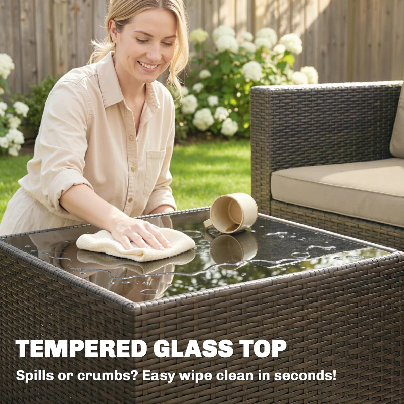 Outsunny 3 Pieces Patio Furniture Set with Cushions, Outdoor PE Rattan Wicker Conversation Corner Sofa Set, Khaki