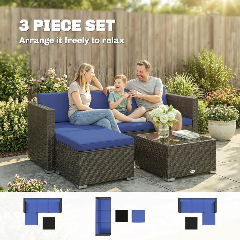 Outsunny 3 Pieces Patio Furniture Set with Cushions, Outdoor PE Rattan Wicker Conversation Corner Sofa Set with Glass Top Table