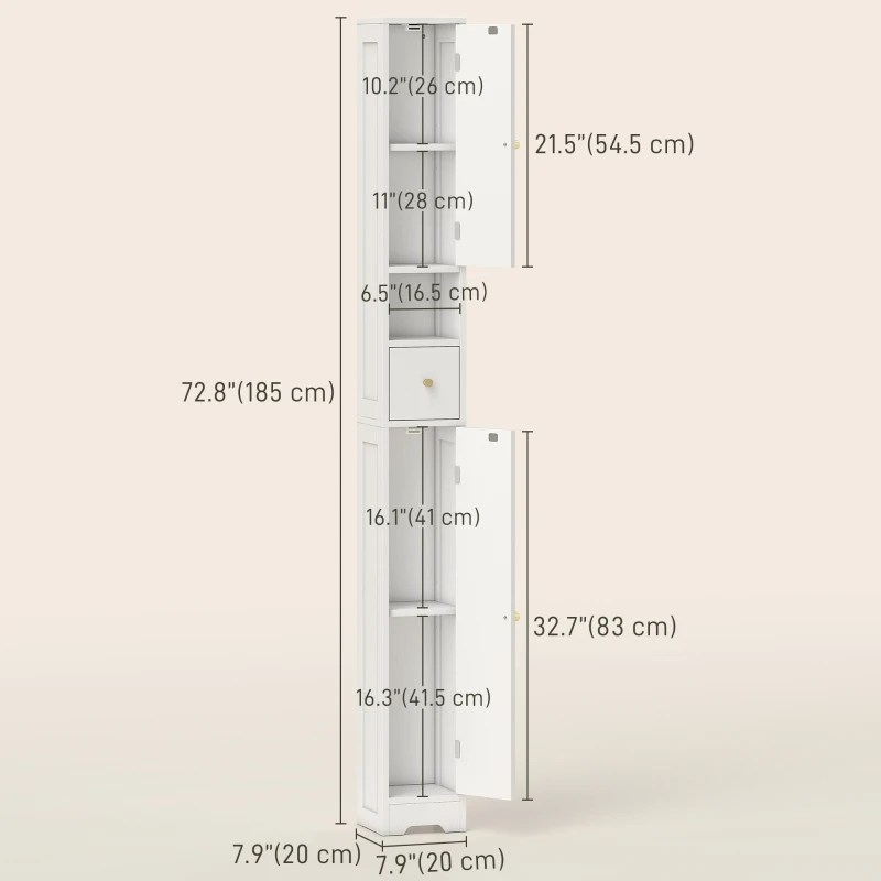 HOMCOM Tall Bathroom Cabinet, Modern Slim Bathroom Storage with Arched Doors, Drawer and Open Shelf, Narrow Storage, White