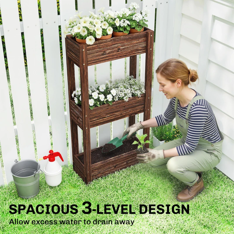 Outsunny 3-Tier Wooden Raised Garden Bed with Legs, 23.6" x 9.8" x 47.2" Elevated Planter Box with Drainage Holes and Bed Liner