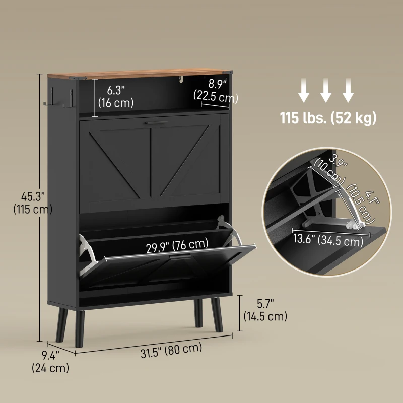 HOMCOM Shoe Storage Cabinet with 2 Flip Drawers, Farmhouse Narrow Shoe Cabinet, Holds Up to 16 Pairs, Black