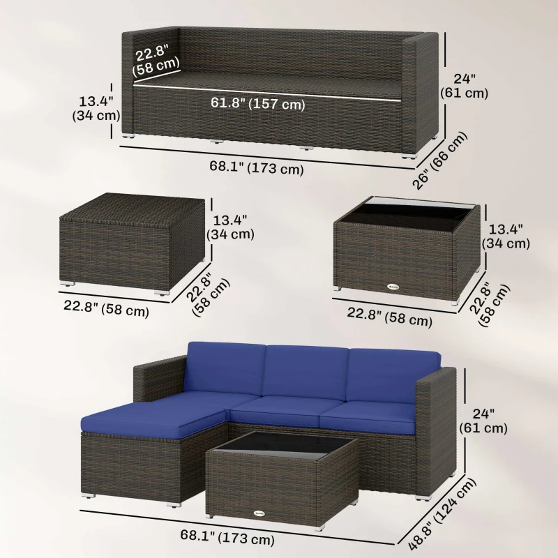 Outsunny 3 Pieces Patio Furniture Set with Cushions, Outdoor PE Rattan Wicker Conversation Corner Sofa Set with Glass Top Table
