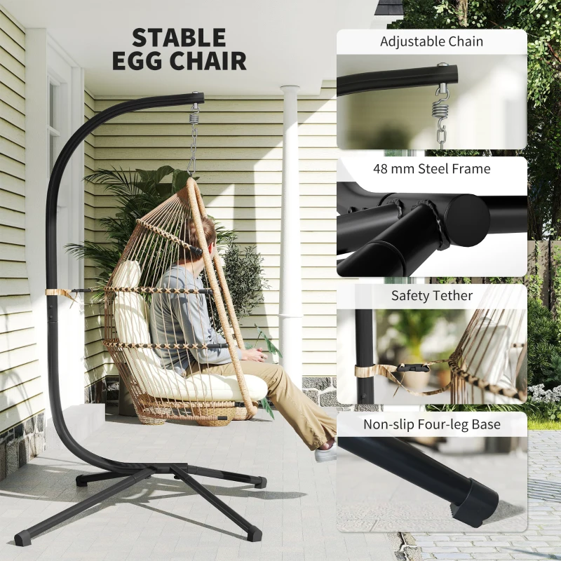 Outsunny Wicker Egg Swing Chair with Stand, Foldable Hanging Egg Chair with UV Resistant Cushion, Headrest, Beige