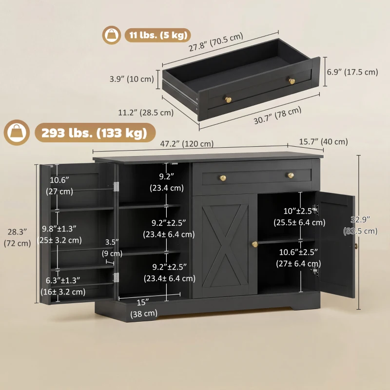 HOMCOM Sideboard Buffet Cabinet, Farmhouse Coffee Bar Cabinet with Door Shelves, Adjustable Shelves, Drawer, Barn Doors, Black