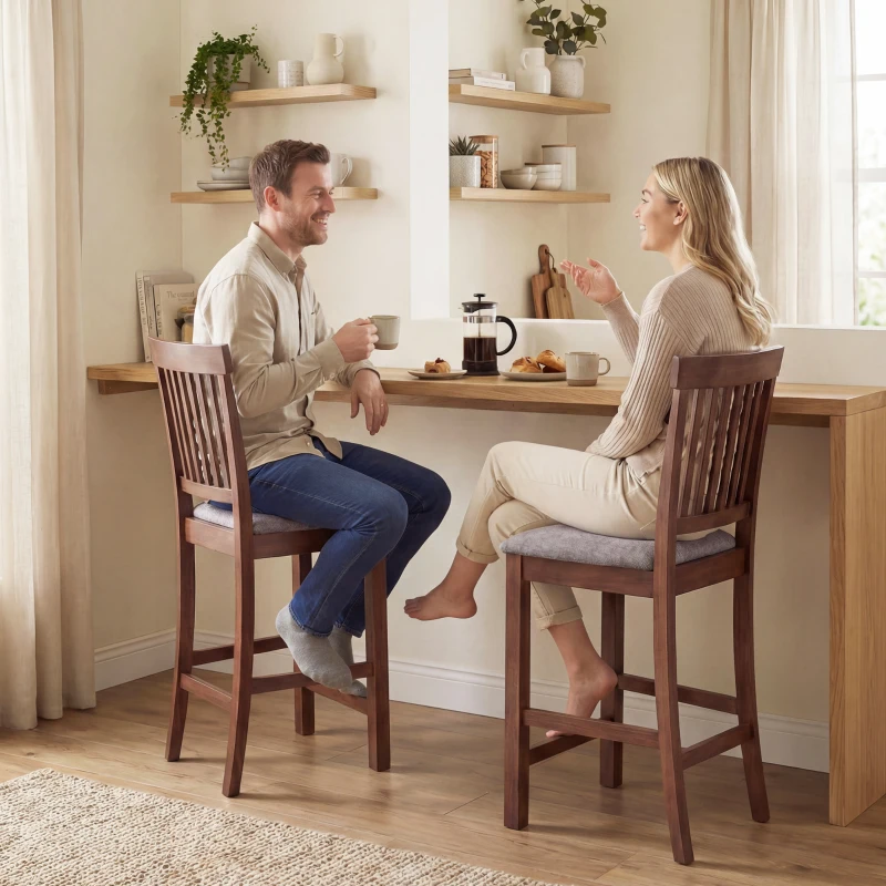 HOMCOM Counter Height Bar Stools with Padded Seat, High Back Kitchen Chairs Set of 2 for Dining Room, Gray and Dark Brown