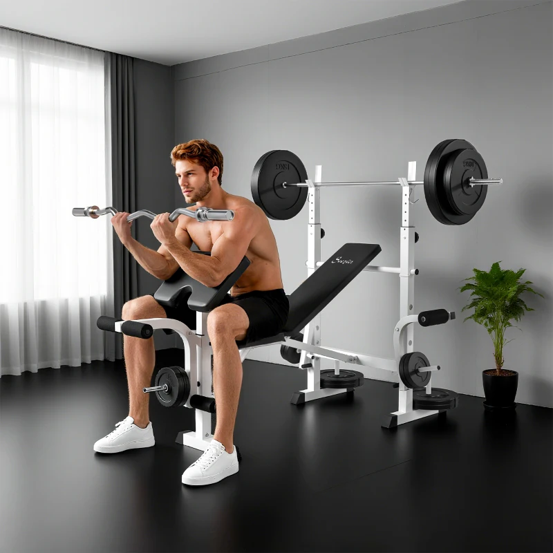 Soozier Bench Press Set Adjustable Weight Bench with Squat Rack, Preacher Curl Pad, Leg Developer and Weight Storage, White