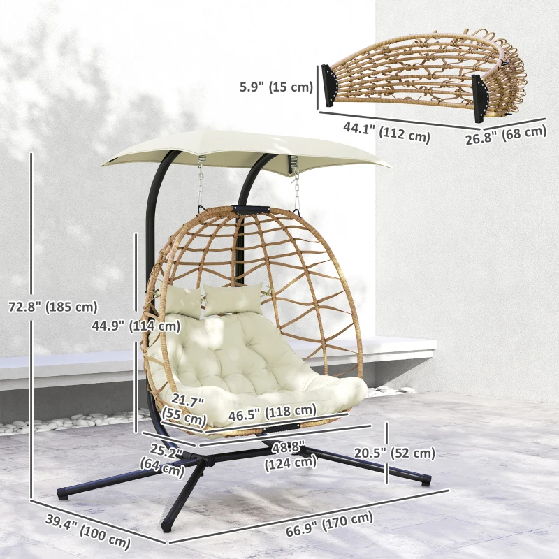 Outsunny Double Wicker Egg Swing Chair with Canopy, Foldable Hanging Egg Chair with Stand Cushion Headrest, Beige
