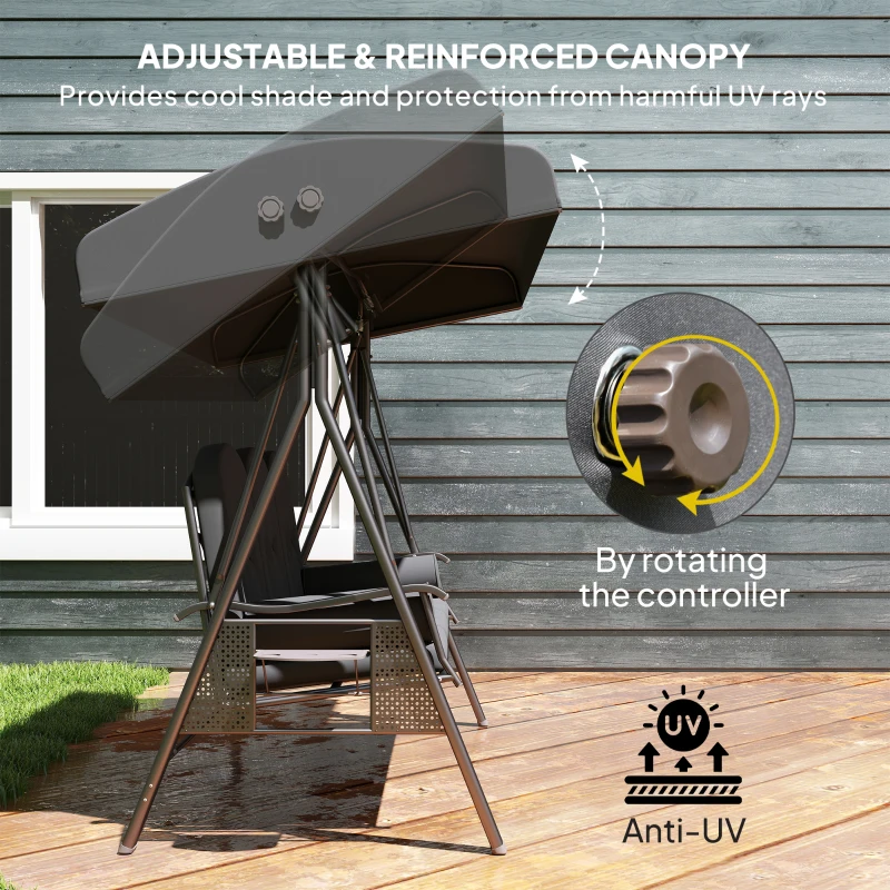 Outsunny Outdoor Patio 3-Person Steel Canopy Cushioned Seat Bench Swing with Included Side Trays & Padded Comfort, Dark Grey