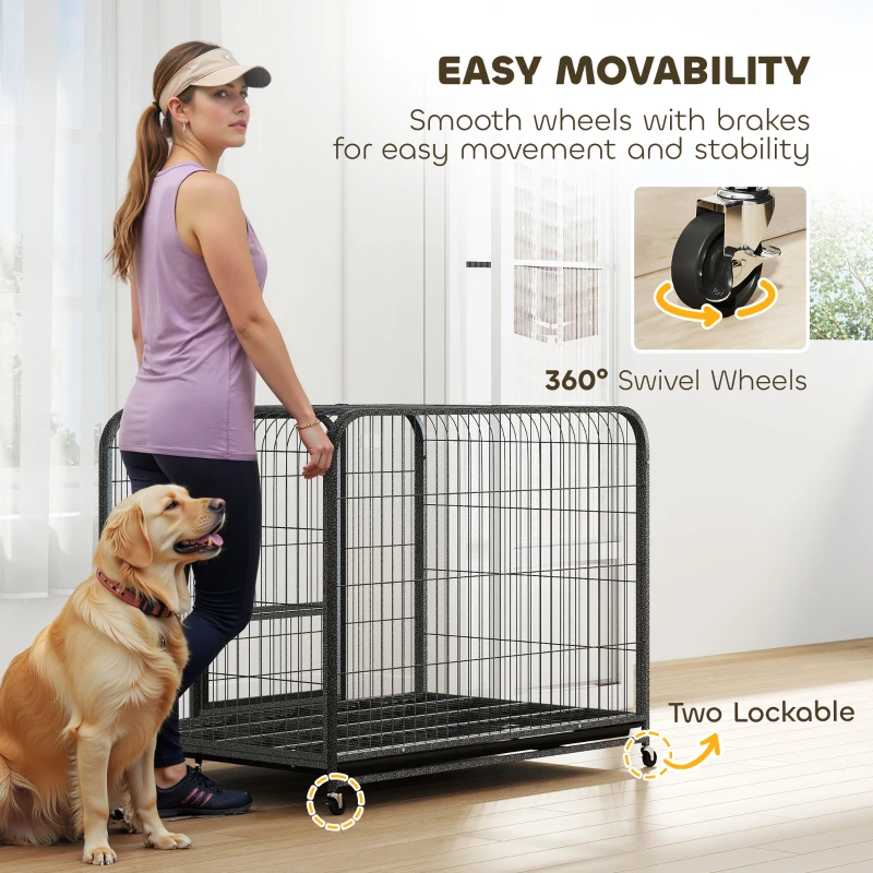 PawHut 43 Inch Heavy Duty Dog Crate, Extra Large Metal Dog Cage with Lockable Wheels and Removable Tray