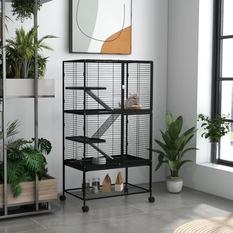 PawHut Rolling Small Animal Cage 54"H Chinchilla Cage for Ferrets, Squirrels w/ Removable Tray, Storage Shelf, Black