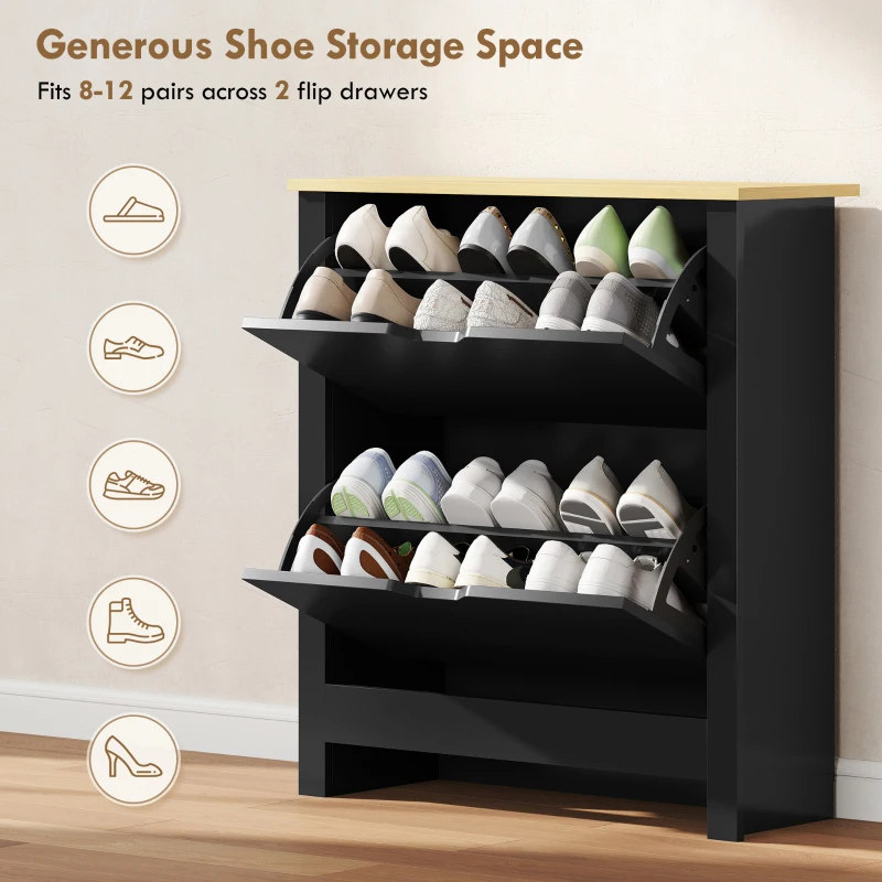 HOMCOM Shoe Storage Cabinet with 2 Flip Drawers and Adjustable Shelves for 8–12 Pairs of Shoes, Black