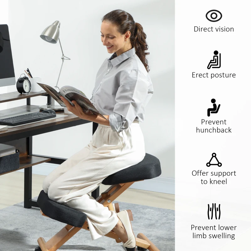 HOMCOM Ergonomic Kneeling Chair, Posture Chair with Rubberwood Frame, Rolling Wheels for Office, Posture Correction, Black