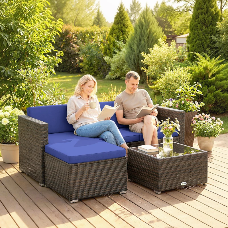 Outsunny 3 Pieces Patio Furniture Set with Cushions, Outdoor PE Rattan Wicker Conversation Corner Sofa Set with Glass Top Table