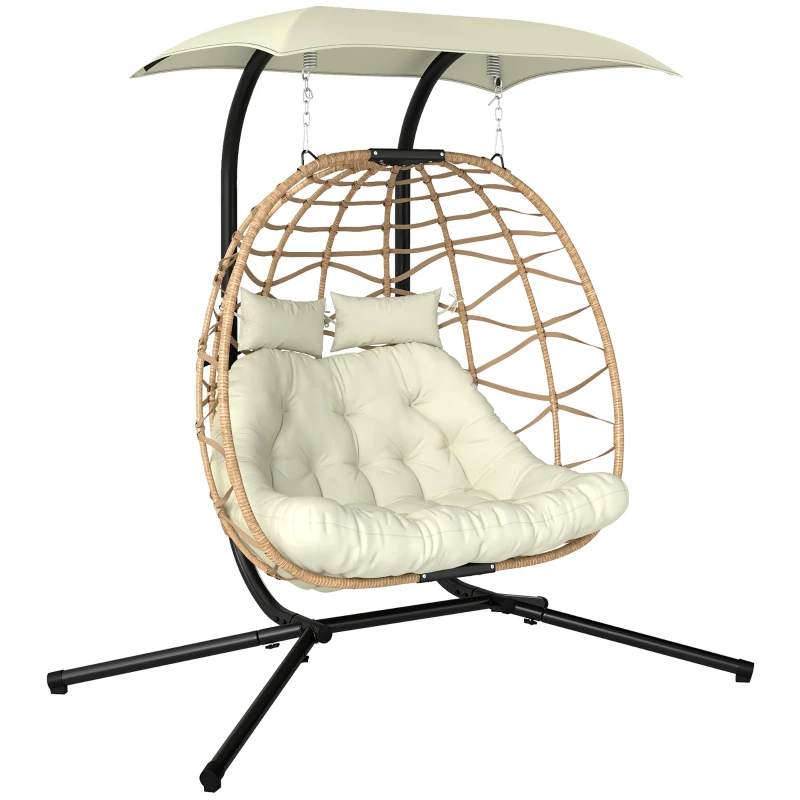 Outsunny Double Wicker Egg Swing Chair with Canopy, Foldable Hanging Egg Chair with Stand Cushion Headrest, Beige