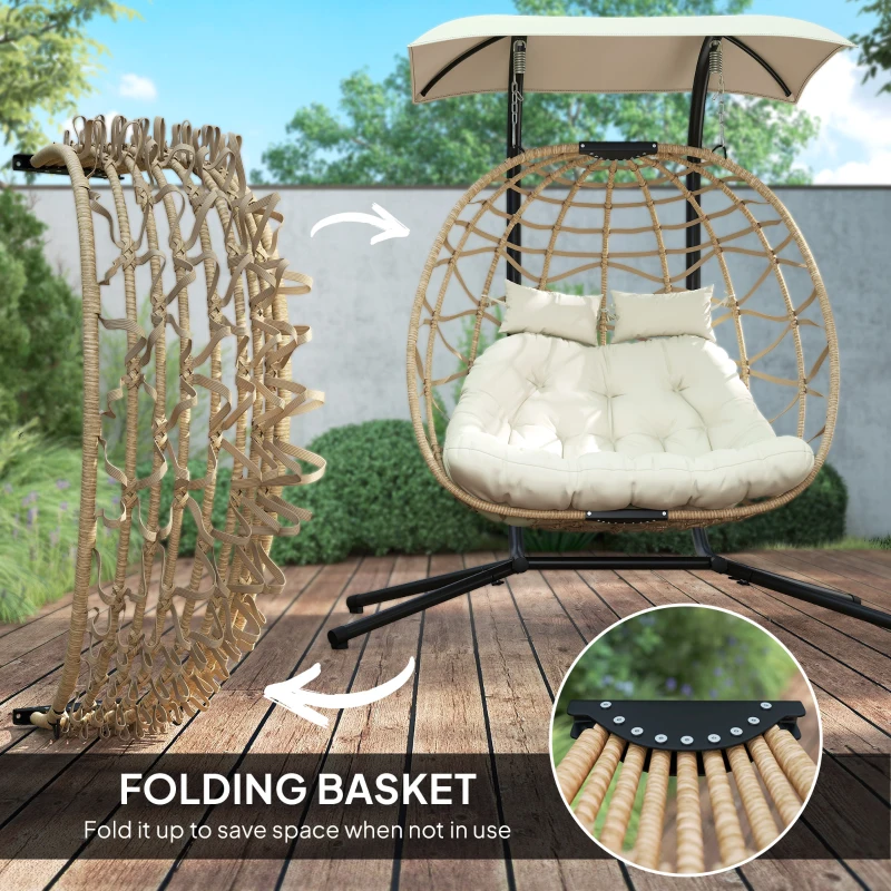 Outsunny Double Wicker Egg Swing Chair with Canopy, Foldable Hanging Egg Chair with Stand Cushion Headrest, Beige