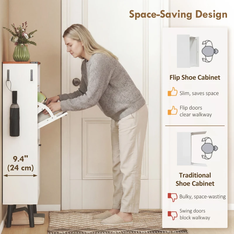 HOMCOM Shoe Storage Cabinet with 2 Flip Drawers, Farmhouse Narrow Shoe Cabinet, Holds Up to 16 Pairs, White