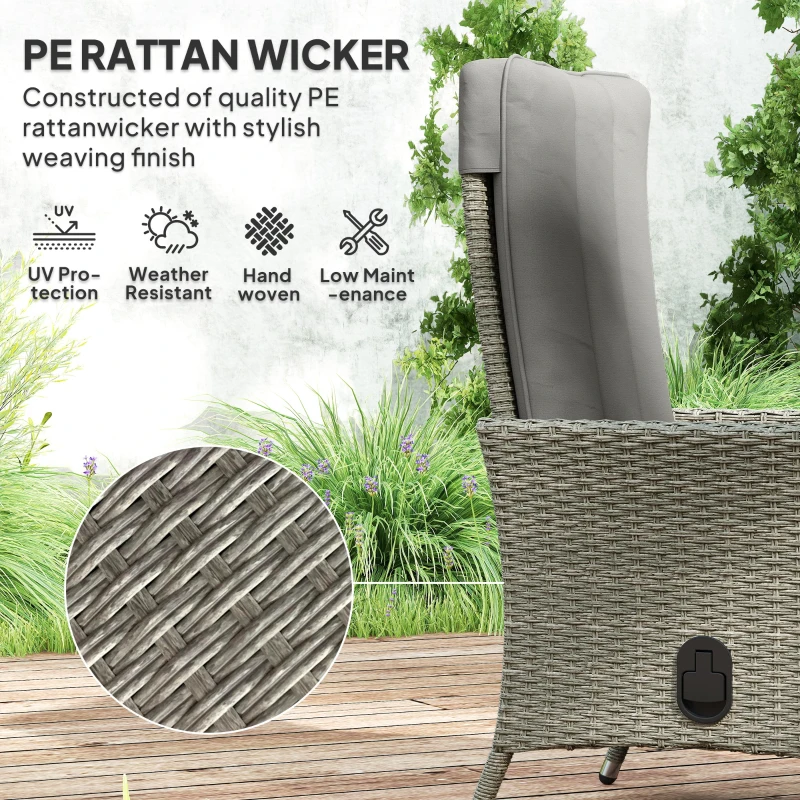 Outsunny Wicker Outdoor Recliner Chair, Wicker Reclining Patio Chair with Adjustable Backrest and Cushion, Grey