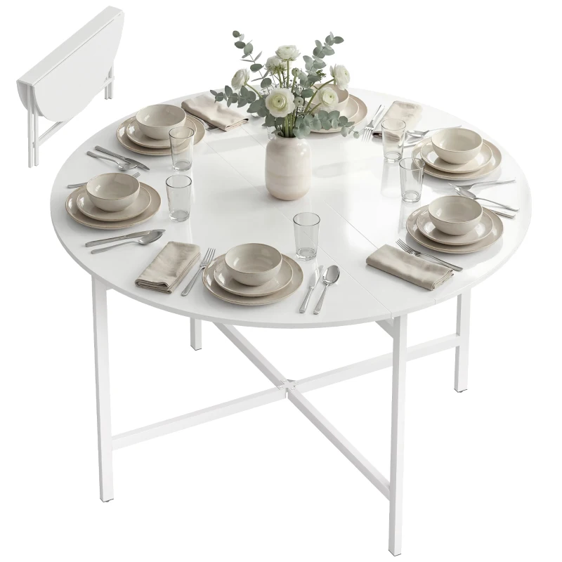 HOMCOM Folding Dining Table for 3-6 People, 47" Round Drop Leaf Kitchen Table with Steel Frame, White