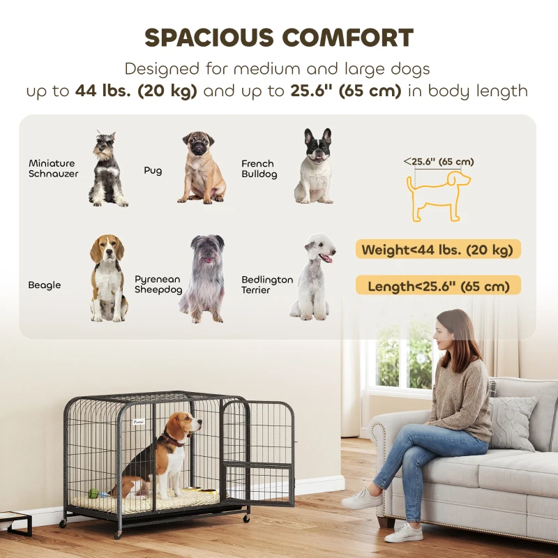 PawHut 37 Inch Heavy Duty Dog Crate, Large Metal Dog Cage with Lockable Wheels and Removable Tray