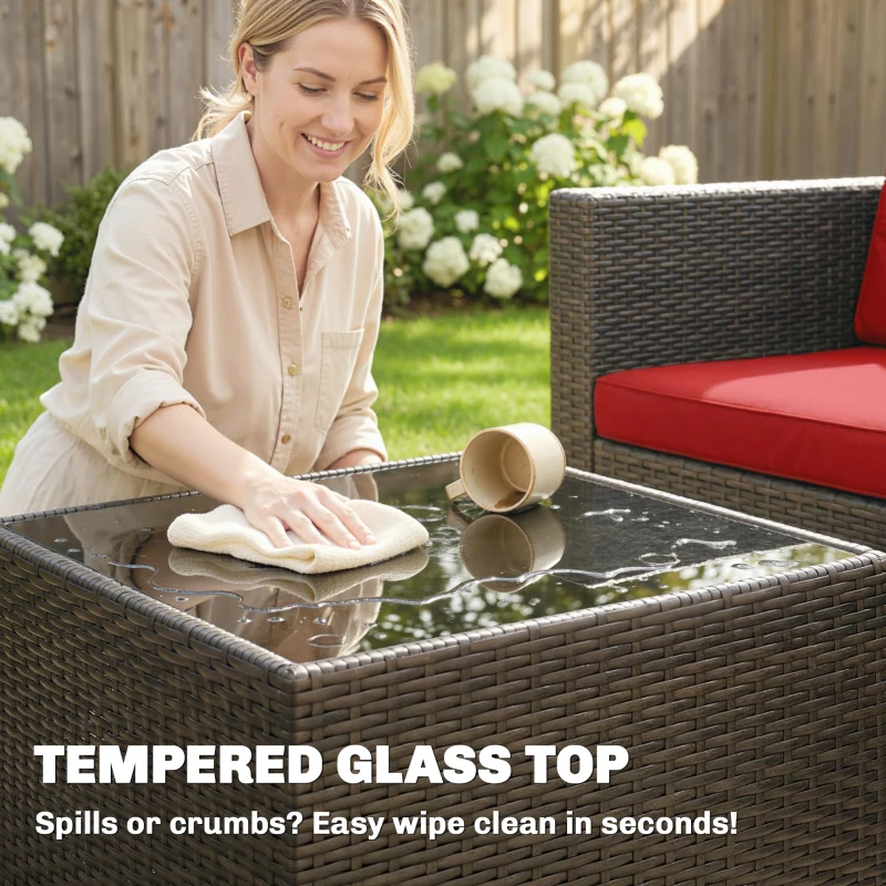 Outsunny 3 Pieces Patio Furniture Set with Cushions, Outdoor PE Rattan Wicker Conversation Corner Sofa Set with Glass Top Table