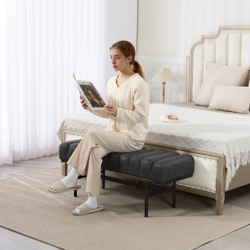 HOMCOM Bedroom Bench PU Leather End of Bed Bench with Cylindrical Seat and Metal Legs for Bedroom Living Room Hallway Black