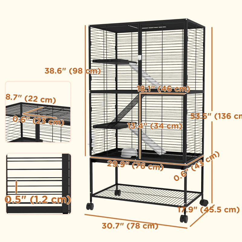 PawHut Rolling Small Animal Cage 54"H Chinchilla Cage for Ferrets, Squirrels w/ Removable Tray, Storage Shelf, Black