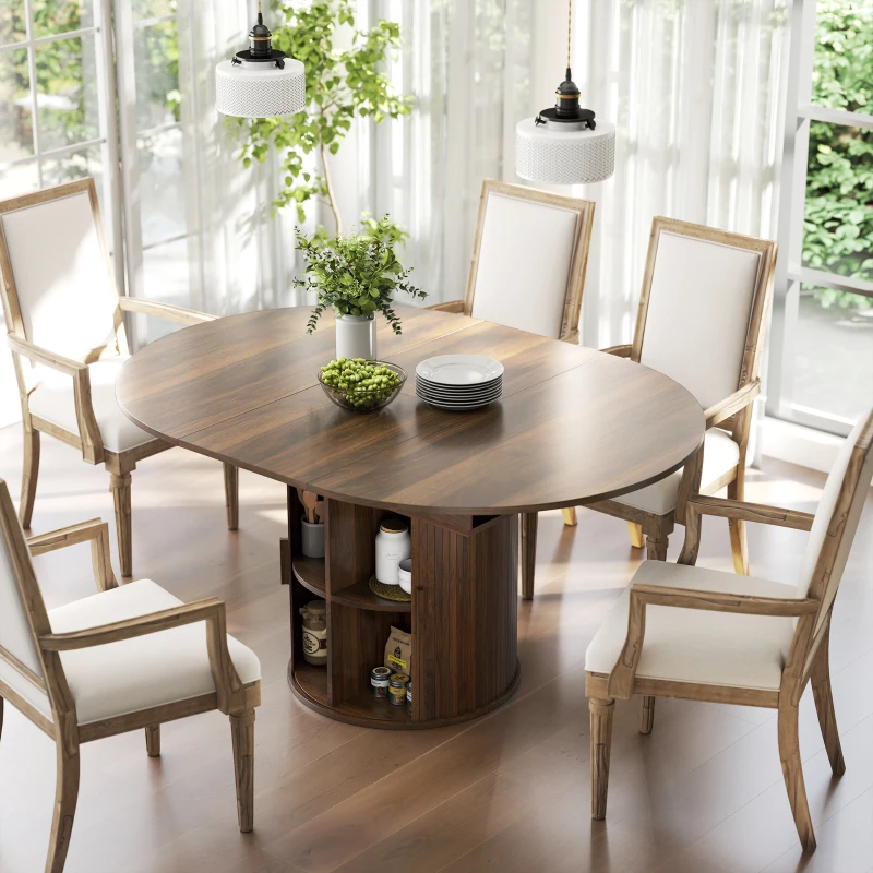 HOMCOM Extendable Dining Table for 6, 60" Farmhouse Kitchen Table with 2-Tier Storage Shelf and Fluted Sliding Doors, Walnut