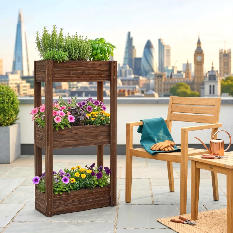Outsunny 3-Tier Wooden Raised Garden Bed with Legs, 23.6" x 9.8" x 47.2" Elevated Planter Box with Drainage Holes and Bed Liner