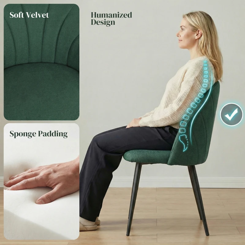 HOMCOM Modern Dining Chairs Set of 4, Upholstered Dining Room Chairs with Metal Legs, Shell Backrest, Padded Seat, Green