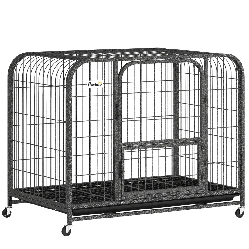 PawHut 37 Inch Heavy Duty Dog Crate, Large Metal Dog Cage with Lockable Wheels and Removable Tray