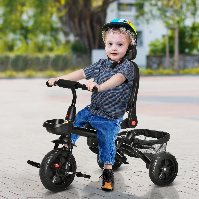 Qaba Kids Tricycle, 4 in 1 Foldable Trike with Reversible Seat, Adjustable Parent Handle, Safety Harness, Wheel Brakes, Removable Canopy, Storage, Tricycle for Toddlers 1-5 Years, Gray
