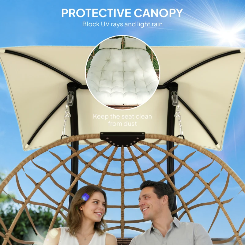 Outsunny Double Wicker Egg Swing Chair with Canopy, Foldable Hanging Egg Chair with Stand Cushion Headrest, Beige