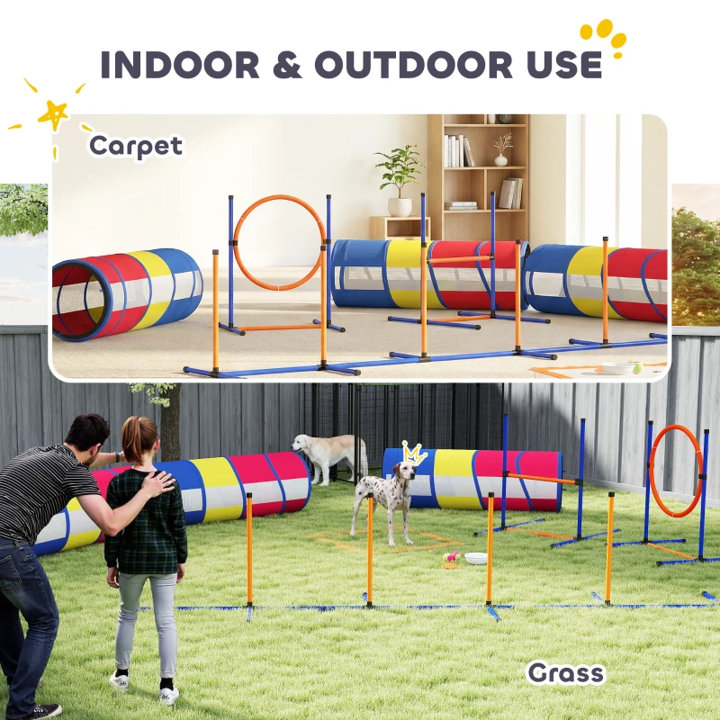 PawHut Dog Agility Training Equipment, 11-Piece Dog Obstacle Course with Adjustable Hurdle & Ring, 3 Tunnels, Weave Poles