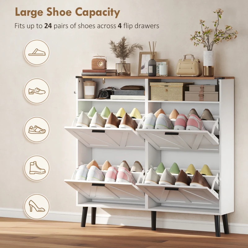HOMCOM Shoe Storage Cabinet with 4 Flip Drawers, Farmhouse Narrow Shoe Cabinet, Holds Up to 24 Pairs, White